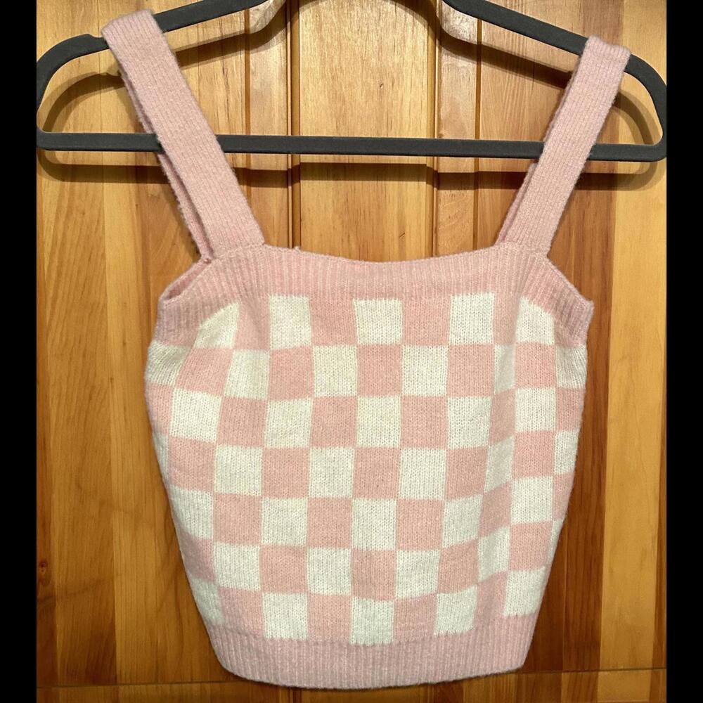 NWT Nordstrom Blu Pepper Checker Block Knit Tank S Pink and White Crop Top